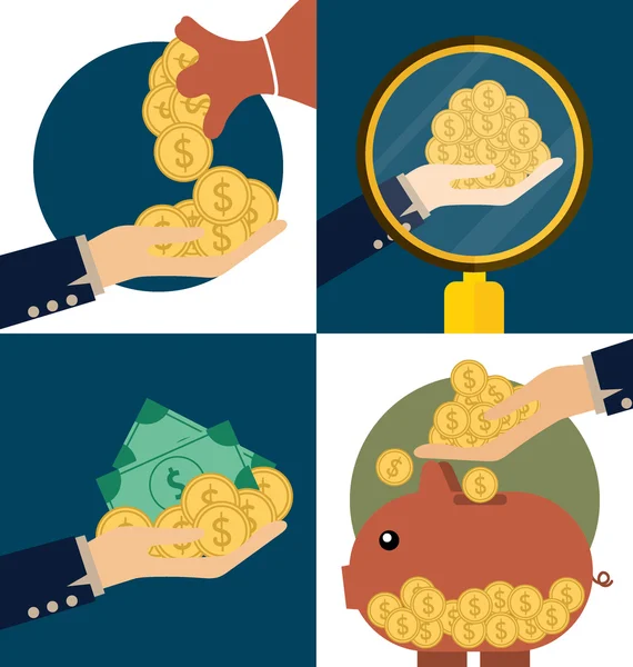 Concepto de negocio. Mano y alcancía con monedas de dinero. Vector i — Vector de stock