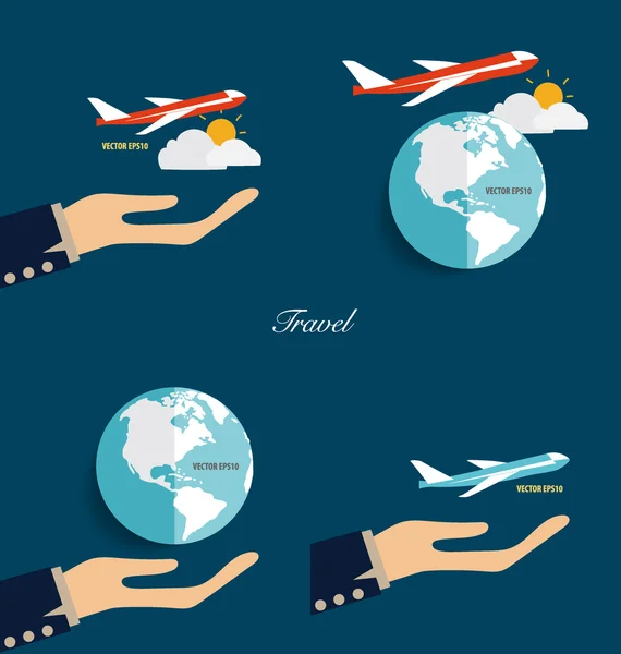 Mãos segurando globo moderno e avião. Ilustração vetorial . — Vetor de Stock