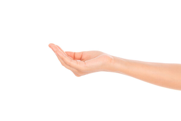 Beautiful woman hand holding isolated on white background .