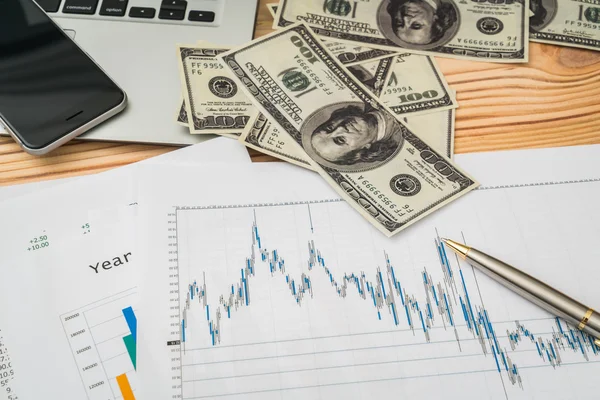 Financial charts on the table with laptop , phone ,dollars bankn — Stock Photo, Image