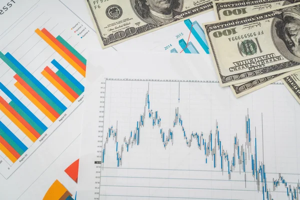 Фінансові графіки на столі з банкнотами доларів  . — стокове фото