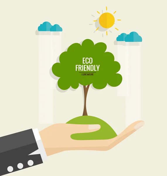 ECO-AMICO. Concetto di ecologia con sfondo a mano e albero. Vec — Vettoriale Stock