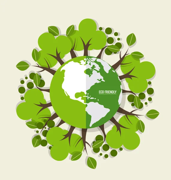 ECO FRIENDLY. Ecology concept with Green Eco Earth and Trees. Ve — Stock Vector