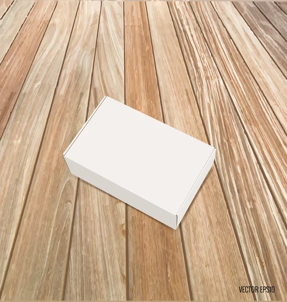 Caja blanca en blanco maqueta sobre fondo de madera. Ilustración vectorial . — Vector de stock