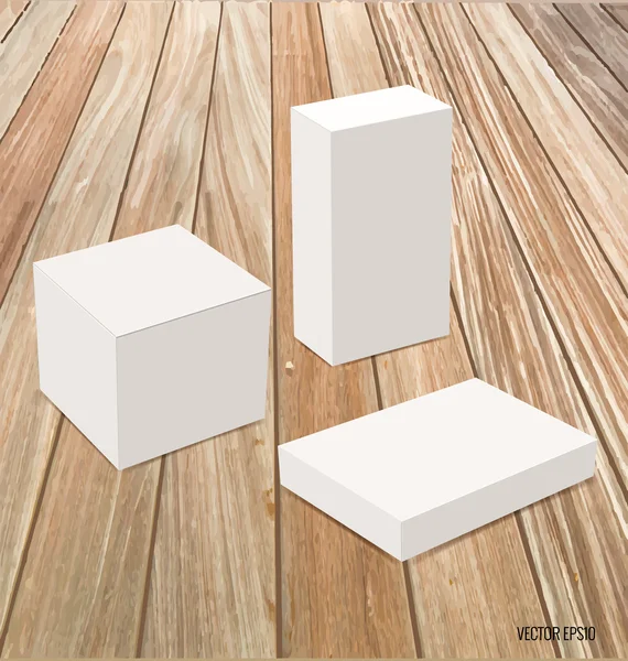 Lege witte doos mock up op hout achtergrond. Vectorillustratie. — Stockvector