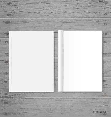 Katalog, dergi boş, sahte ahşap arka plan üzerinde kitap. Vektör