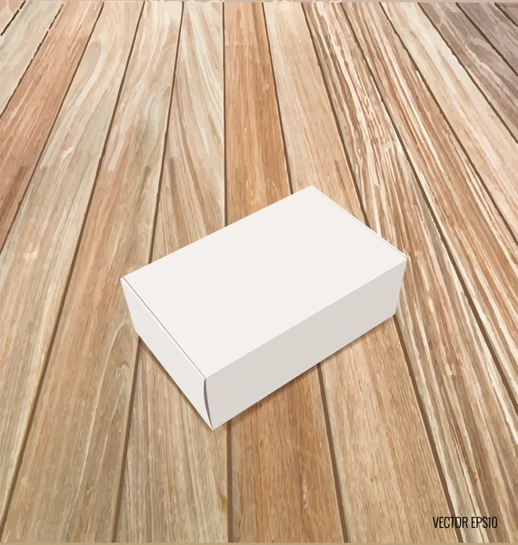 Caja blanca en blanco maqueta sobre fondo de madera. Ilustración vectorial . — Vector de stock