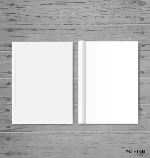 Catalogo in bianco, riviste, libro finto su sfondo legno. Vettore — Vettoriale Stock