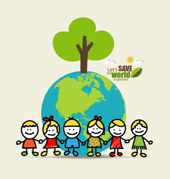 Lindos niños en Green Eco Earth. Ilustración vectorial . — Vector de stock