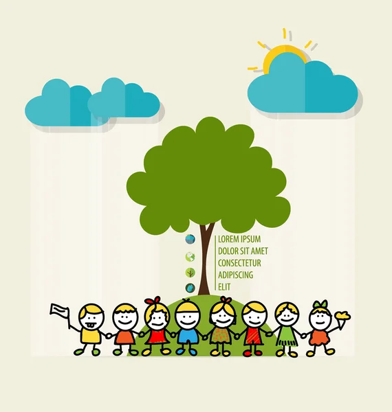 ECO à l'amiable. Concept écologique avec des enfants mignons et arbre. Vecto — Image vectorielle