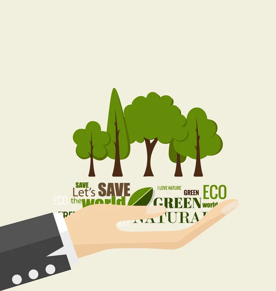 Eco Friendly. Ecologie concept met Hand en boom achtergrond. VECPrzyjazne środowisku. Ekologia koncepcja z tłem strony i drzewa. Ilustracja wektorowa — Stockvector