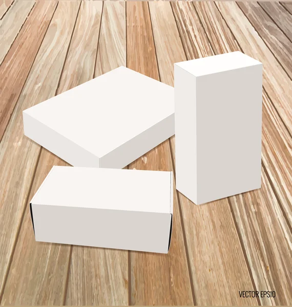 Caixa branca em branco mock up no fundo de madeira. Ilustração vetorial . — Vetor de Stock