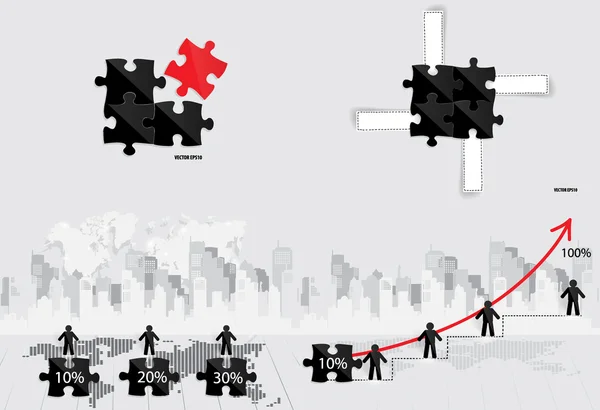 Geschäftskonzept mit Geschäftsmann, Grafik, Puzzle und modernem Buil — Stockvektor