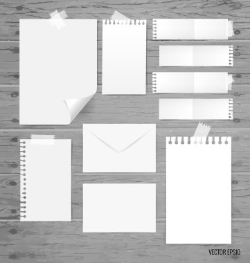 Boş beyaz kağıt, not kağıdı, zarf. Vektör çizim.