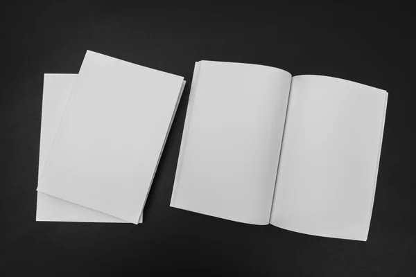 Catalogo in bianco, riviste, libro finto su sfondo nero  . — Foto Stock