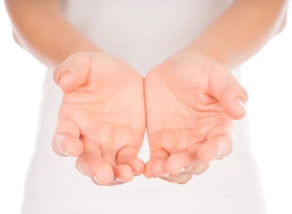 Empty woman hands over body isolated on background . — Stock Photo, Image