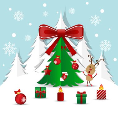 Noel tebrik kartı ile Noel ağacı ve Noel decora