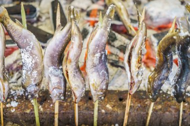  Açık havada Japonya'da ızgara tuz ile balık