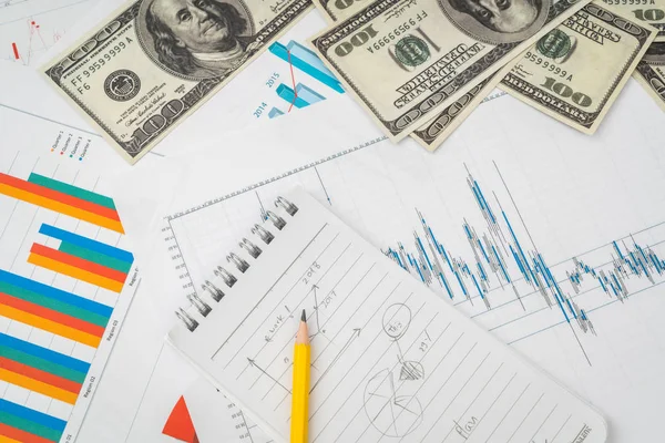 Financial charts on the table with dollars banknotes . — Stock Photo, Image