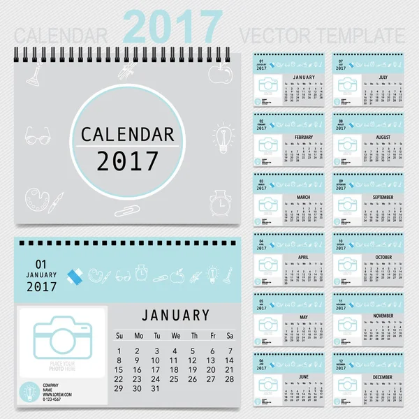 2017 Calendário planejador, modelo de design vetorial. Conjunto de 12 meses . — Vetor de Stock