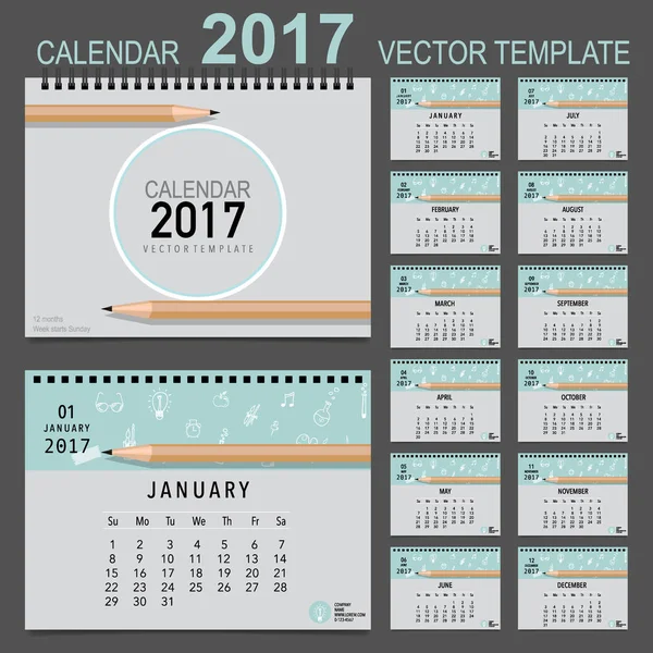 2017 Calendário planejador, modelo de design vetorial. Conjunto de 12 meses . — Vetor de Stock