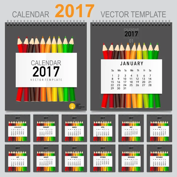 2017 Calendário planejador, modelo de design vetorial. Conjunto de 12 meses . — Vetor de Stock