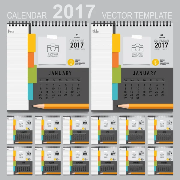 Calendrier 2017 planificateur, modèle de conception vectorielle. Ensemble de 12 mois . — Image vectorielle