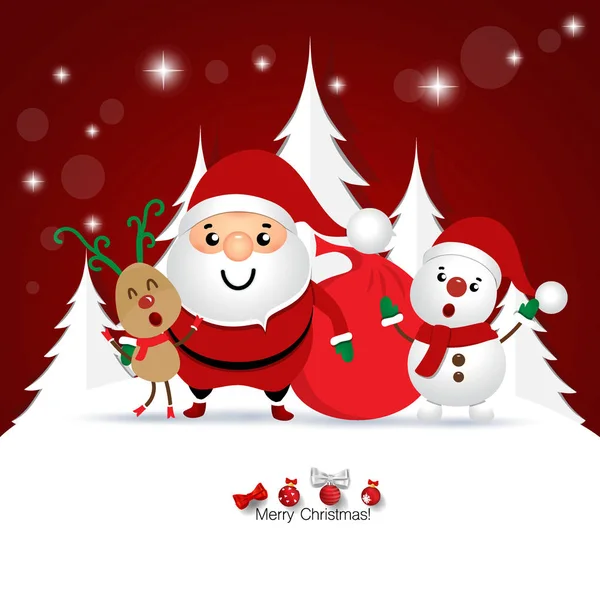 Tarjeta de felicitación de Navidad con Papá Noel, muñeco de nieve y — Archivo Imágenes Vectoriales
