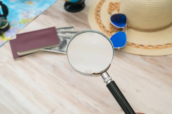 Travel preparation : compass, money, passport, road map ,hat,sun — Stock Photo, Image