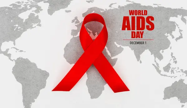 エイズの世界地図上の意識の赤いハート リボン . — ストック写真