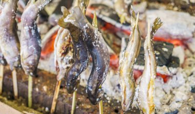  Açık havada Japonya'da ızgara tuz ile balık