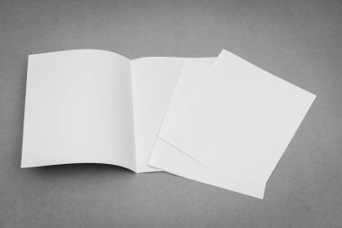 Bifold beyaz şablon kağıt gri arka plan üzerinde .