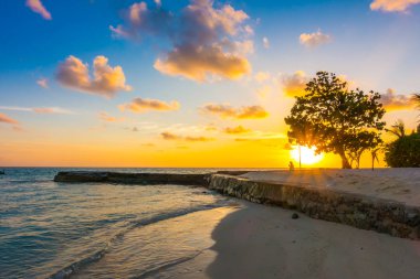 Tropikal Maldivler Isl sakin denizde üzerinde gökyüzü ile güzel gün batımı