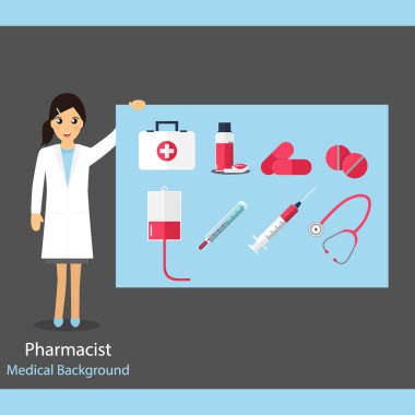 İş arka plan. Eczacı ile ilaç ve aletleri