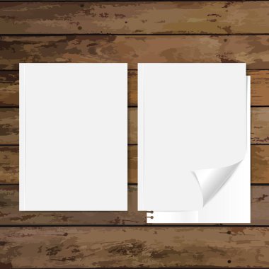 Katalog, dergi boş, sahte ahşap arka plan üzerinde kitap. Vektör