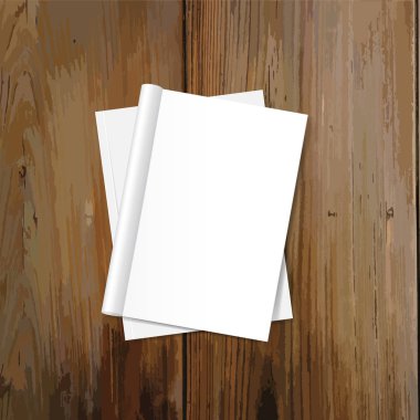 Katalog, dergi boş, sahte ahşap arka plan üzerinde kitap. Vektör