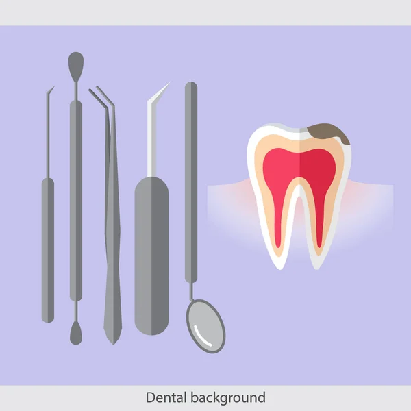 Zahnmedizinischer Hintergrund. Zähne, zahnärztliche Werkzeuge und Instrumente. — Stockvektor