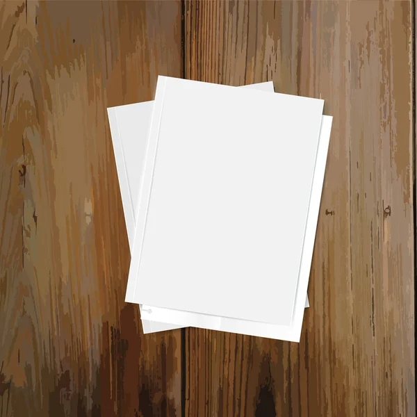 Catálogo en blanco, revistas, maqueta de libros sobre fondo de madera. Vector — Vector de stock