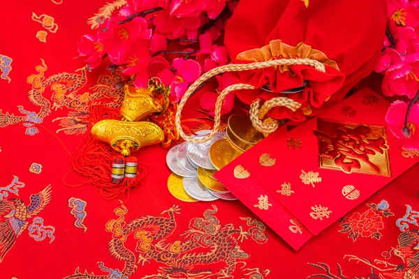 Chinese new year decoration on red fabric background .,Chinese c — Stock Photo, Image