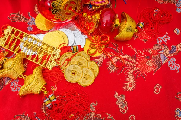 Chinese new year decoration on red fabric background .,Chinese c — Stock Photo, Image