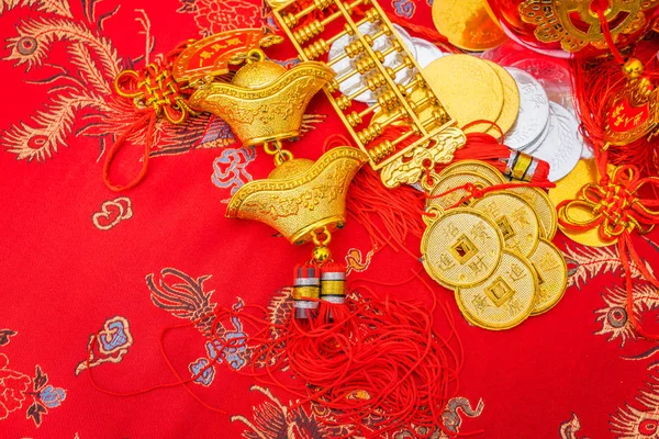 Chinese new year decoration on red fabric background .,Chinese c — Stock Photo, Image