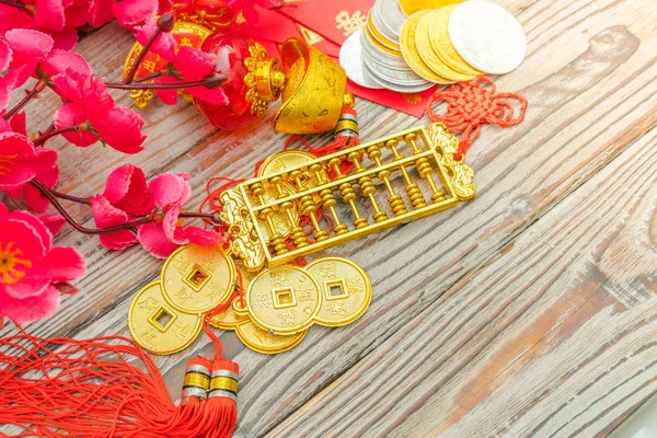 Chinese New Year decoration on wood wall .,Chinese characters te — Stock Photo, Image