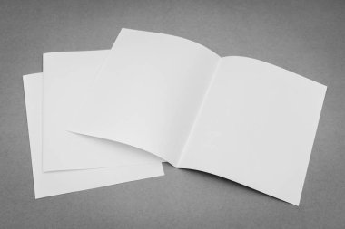 Bifold beyaz şablon kağıt gri arka plan üzerinde .