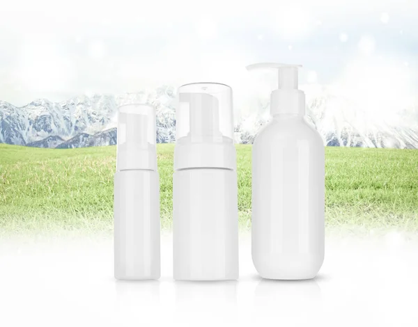 Cosmetic product  for cream, foam, shampoo. on  Panorama of Moun — Stock Photo, Image