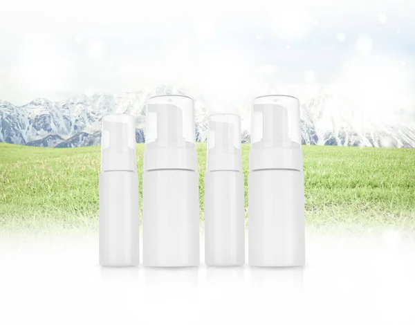 Cosmetic product  for cream, foam, shampoo. on  Panorama of Moun — Stock Photo, Image