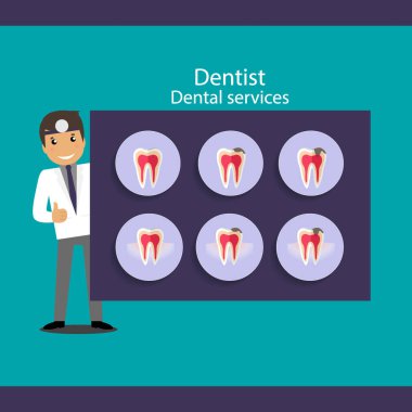 Tıbbi diş arka plan tasarımı. Diş hekimi diş ile. Vektör hastası