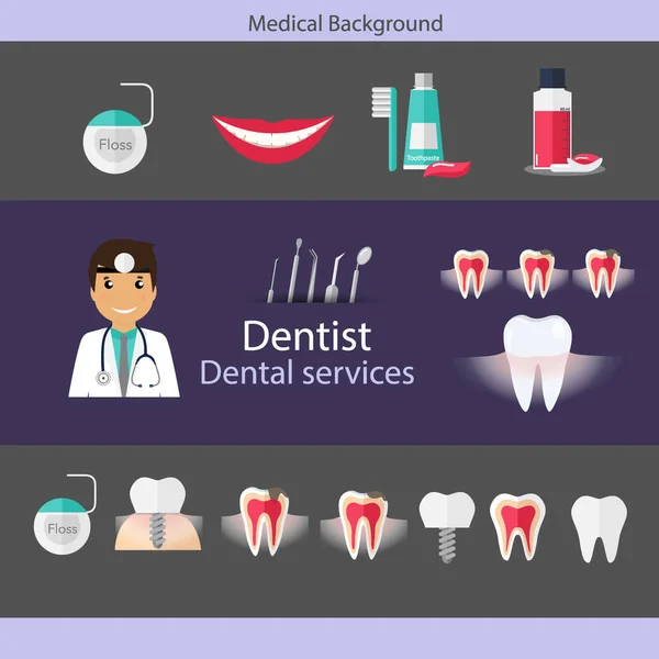 Medical dental background design. Dentist with teeth, drugs, den — Stock Vector