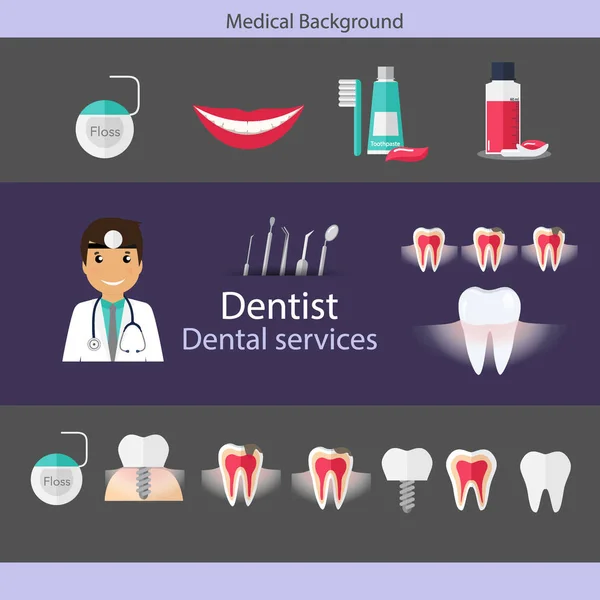 Projeto de fundo odontológico médico. Dentista com dentes, drogas, cova — Vetor de Stock