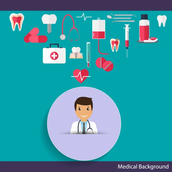 Diseño médico dental de fondo. Dentista con dientes, drogas, guarida — Vector de stock