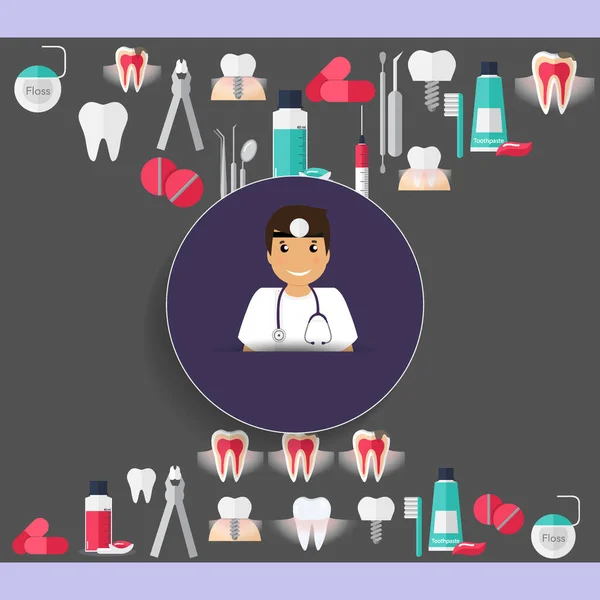 Медицинский стоматологический дизайн. Дантист с зубами, лекарствами, ножом — стоковый вектор